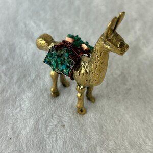 Vintage Llama Solid Brass Figurine Carrying Turquoise Stones w Copper Saddle
